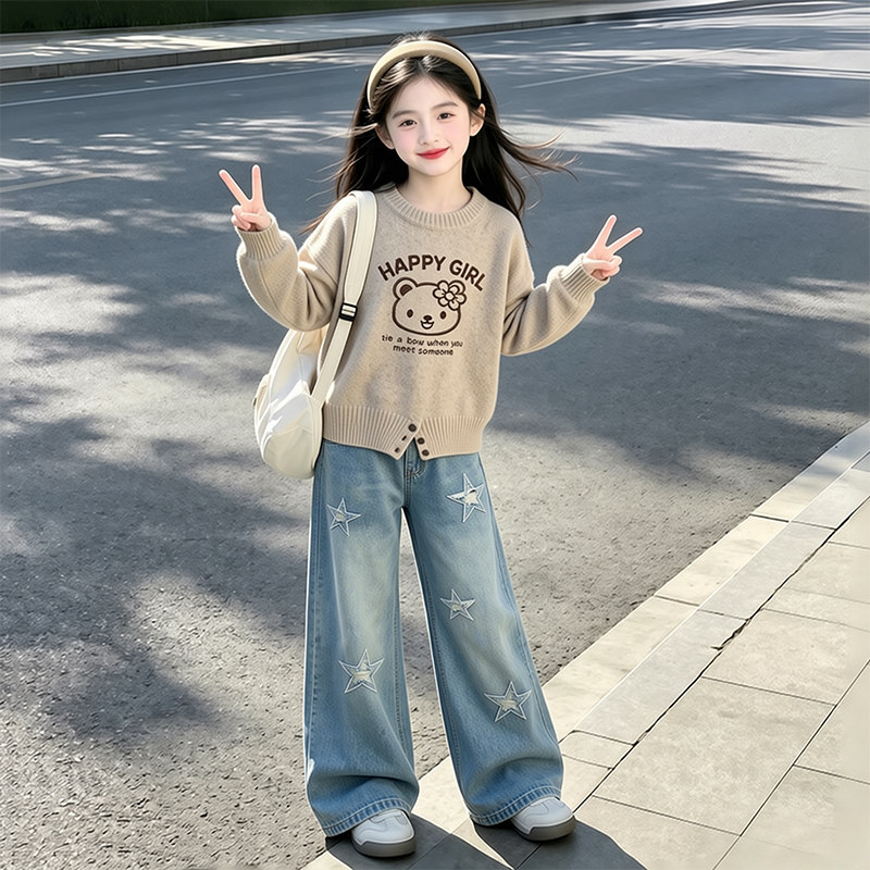 女童秋装一整套穿搭毛衣套装小学生女孩秋冬衣服儿童牛仔裤两件套