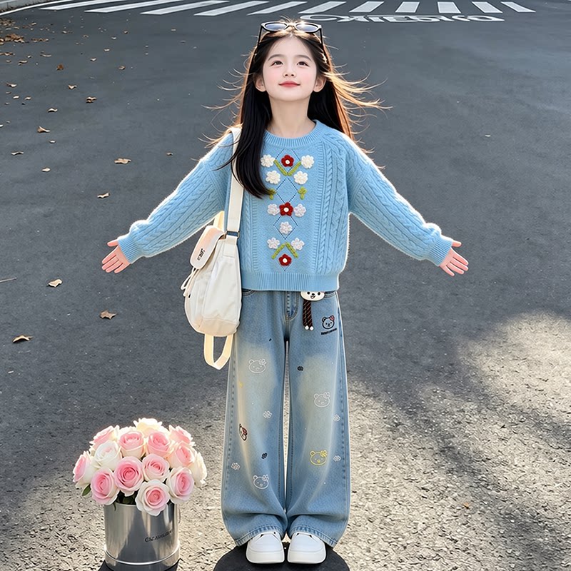 女童秋季套装2026新款儿童洋气时尚甜美刺绣毛衣牛仔裤两件套潮