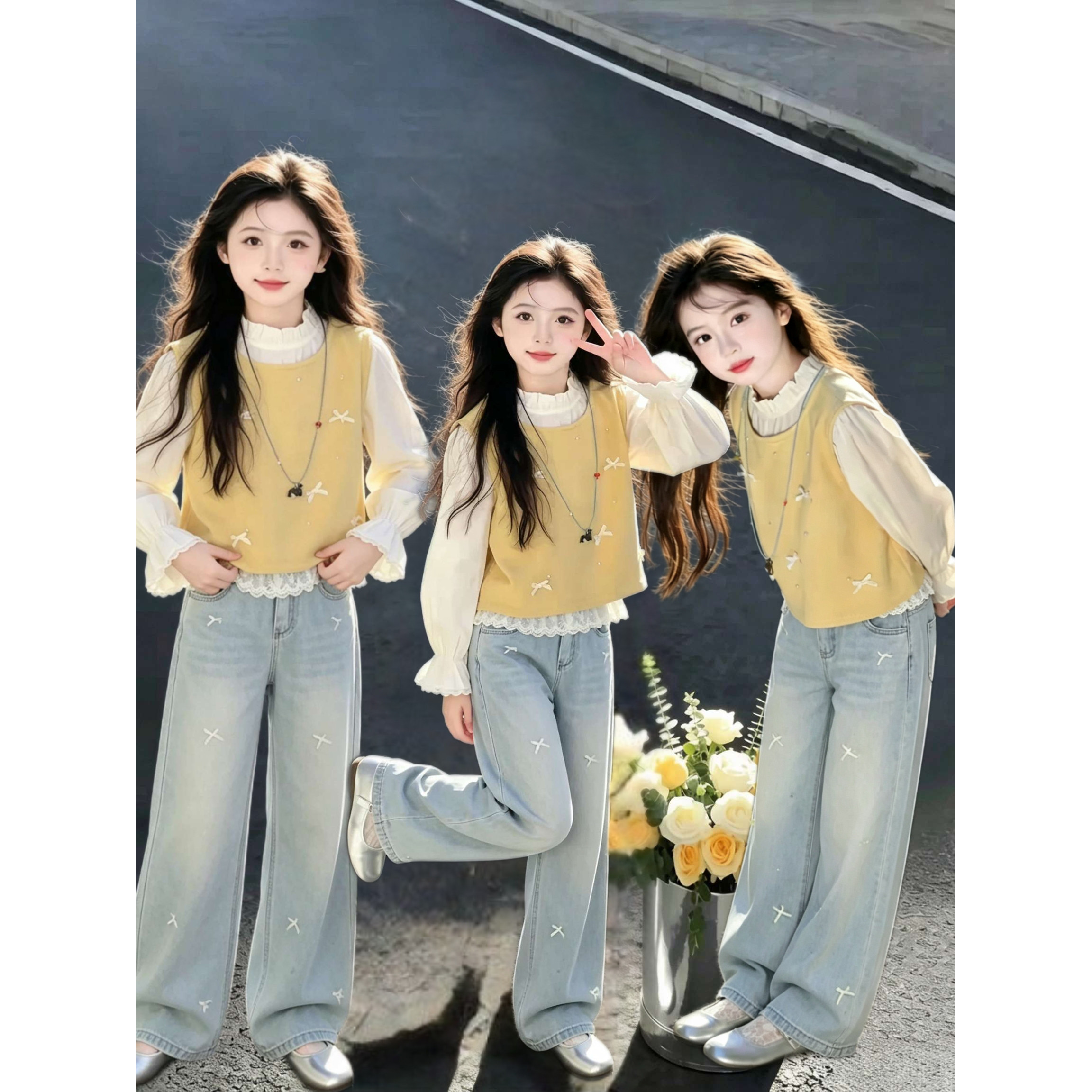 女童韩系牛仔裤穿搭套装秋装2026新款儿童叠穿马甲上衣中大童衬衣