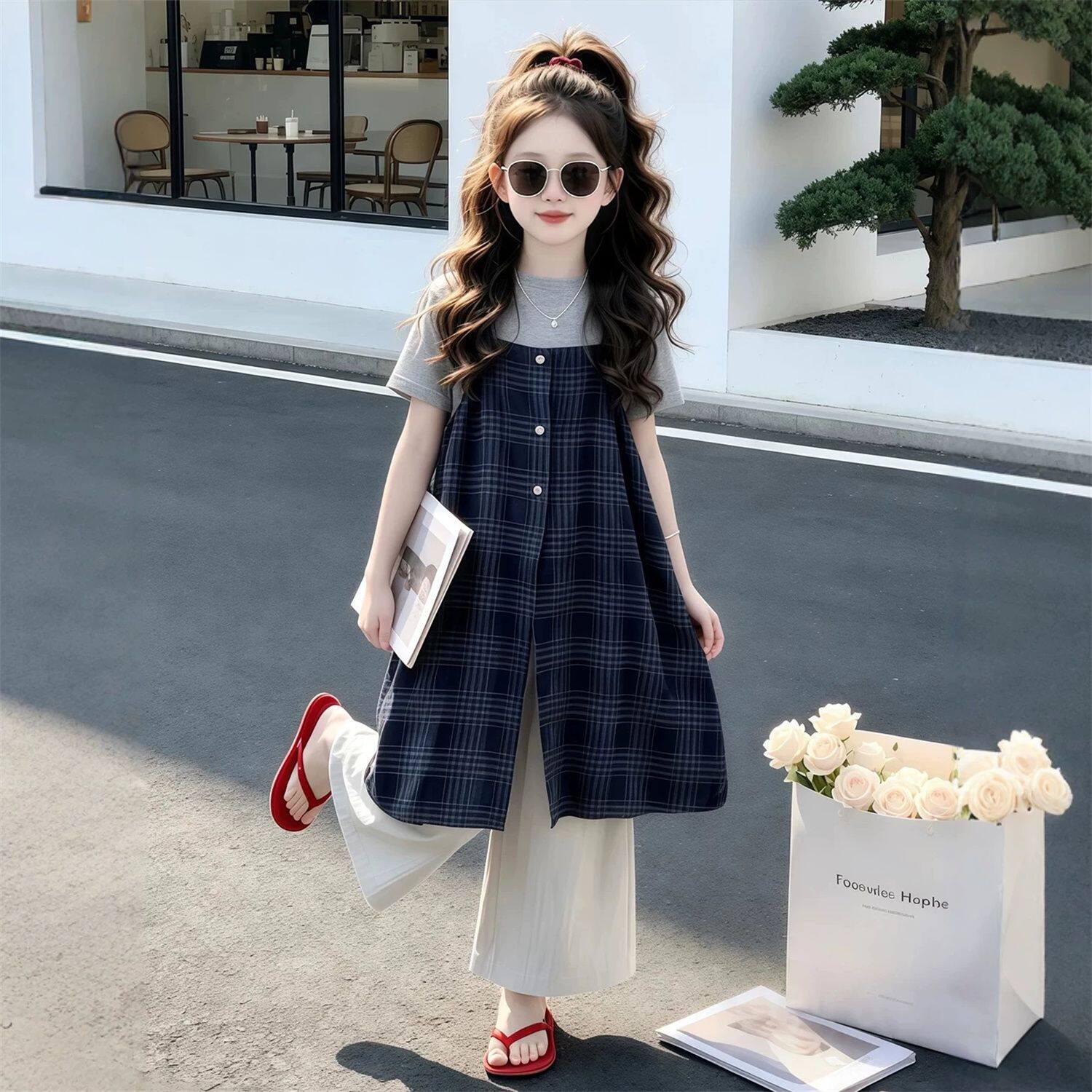 女童超好看套装裙夏季洋气中大童小女孩设计感吊带裙阔腿裤三件套