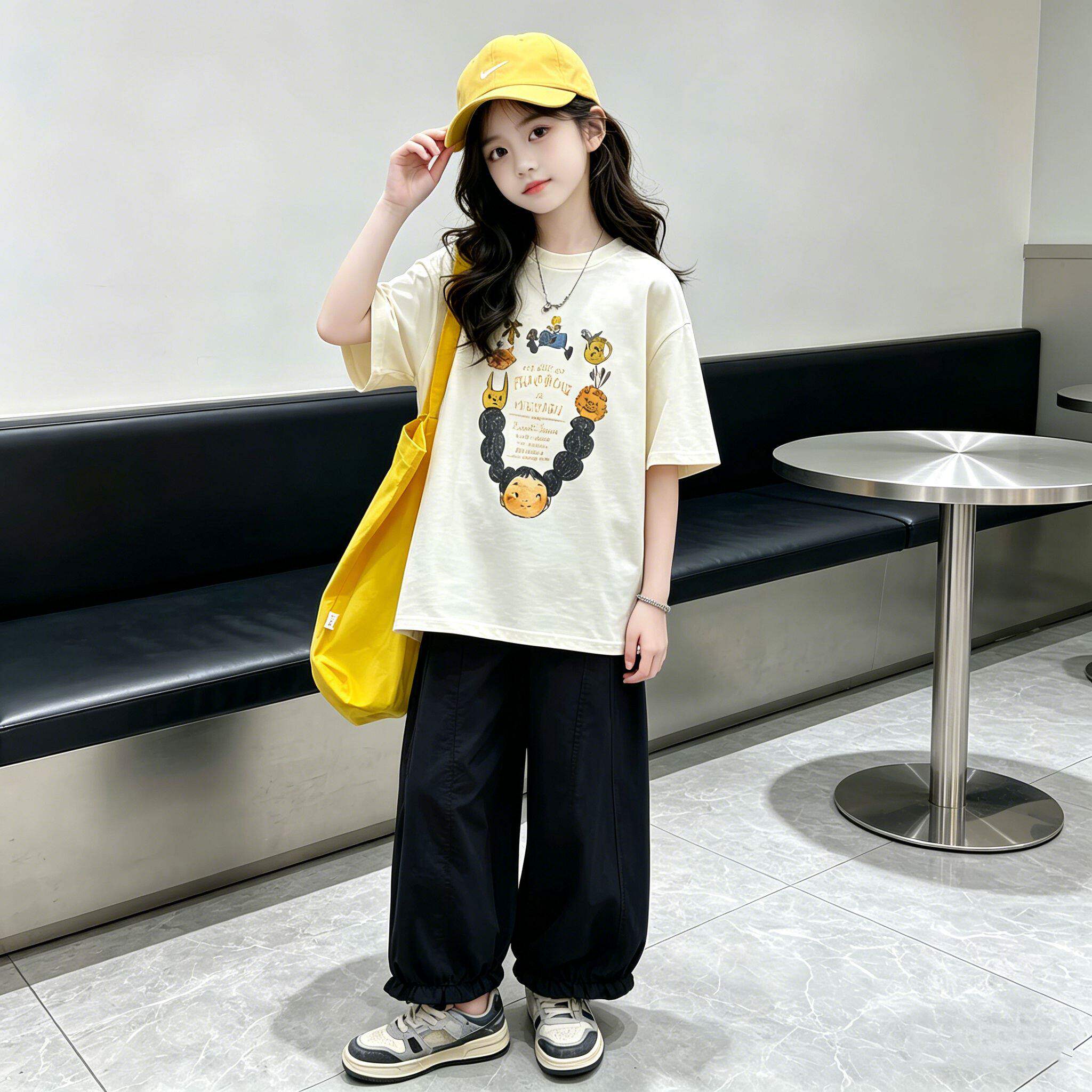 女童休闲运动套装夏季韩版洋气中大童小女孩宽松短袖阔腿裤两件套
