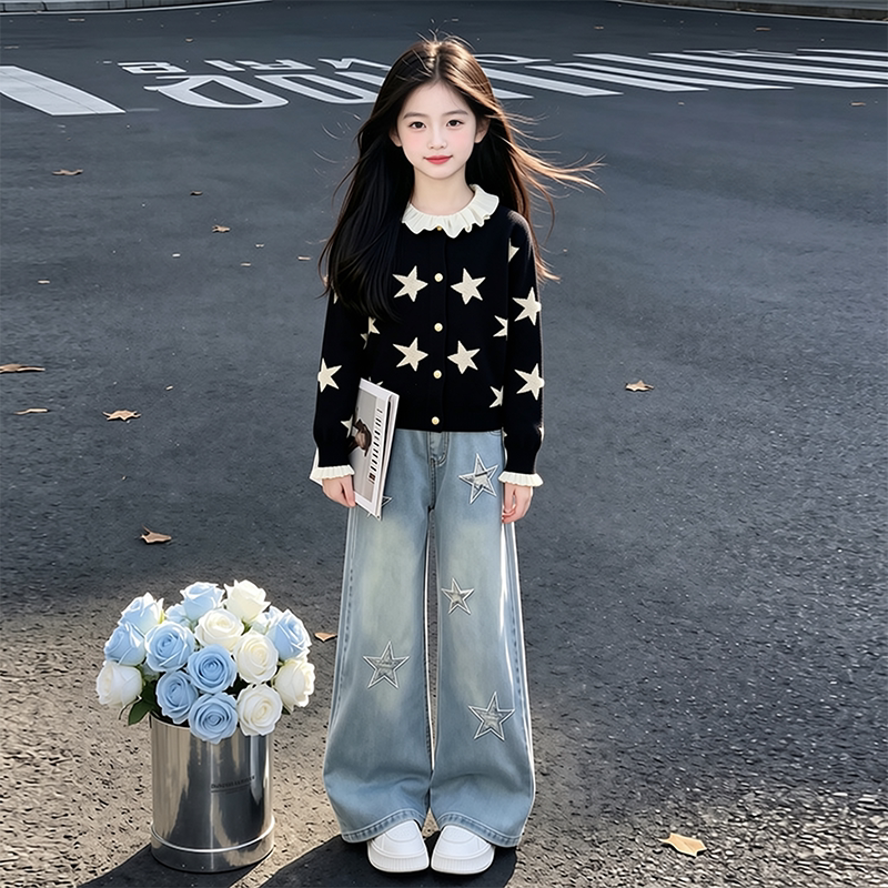 女童毛衣打底衫套装2026秋装新款中大儿童秋季牛仔裤洋气三件套