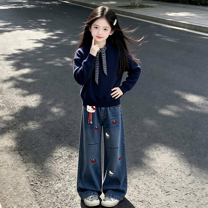 女童套装秋冬季2026新款洋气儿童格子领毛衣牛仔阔腿休闲裤两件套