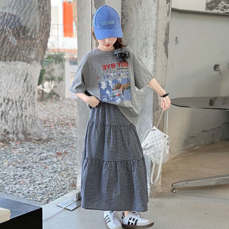 女童时髦连衣裙套装夏季洋气中大童女孩卡通短袖格子半身裙两件套