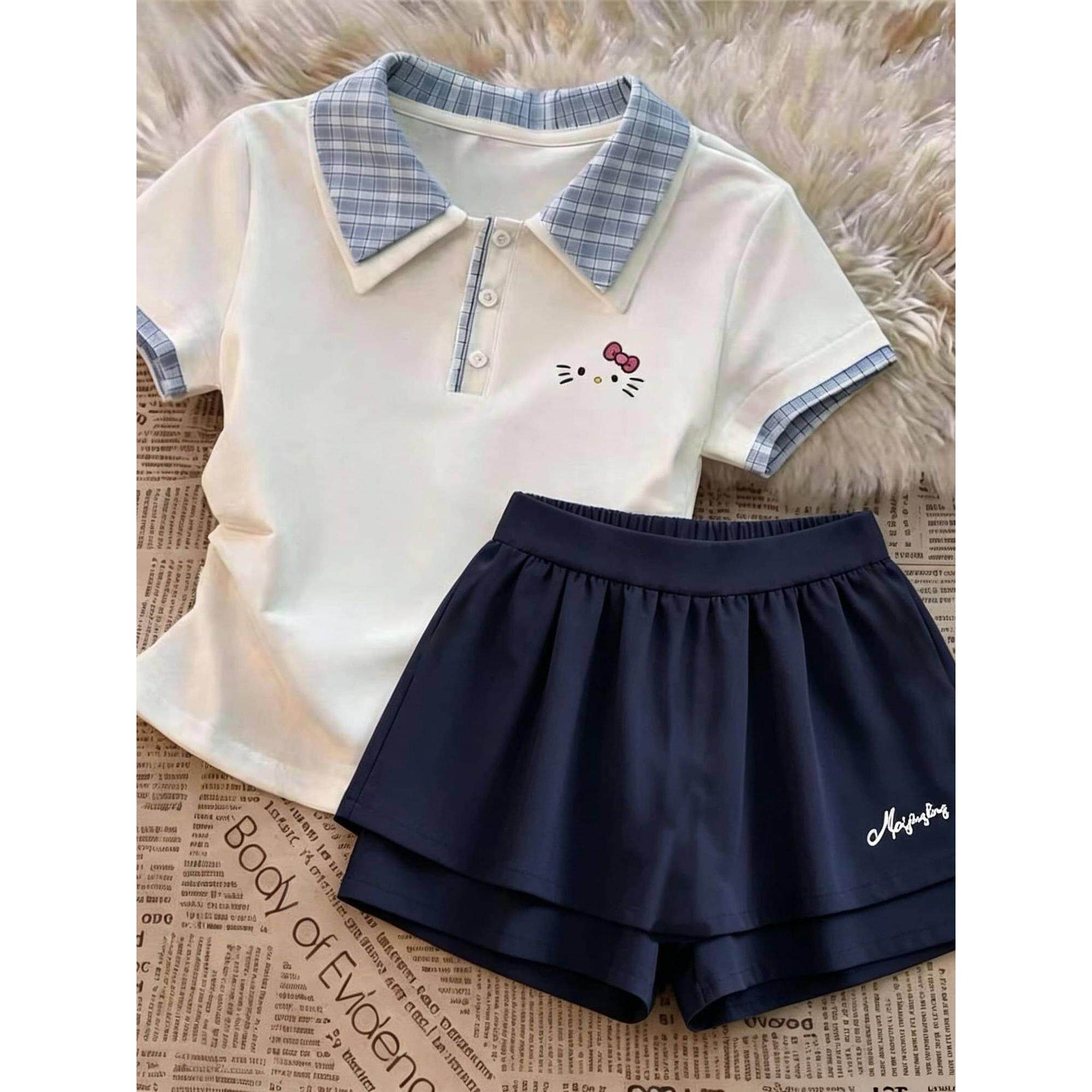 女中大童夏季POLO条纹短裤套装