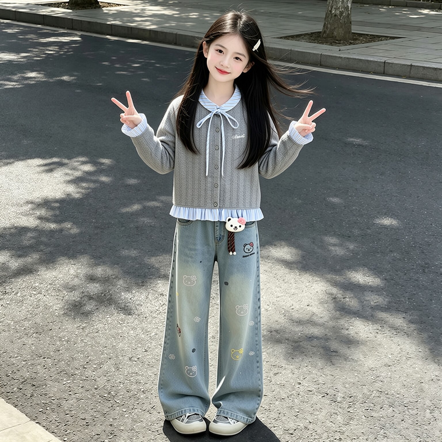 女童长袖假两件花边领春秋款上衣时髦小女孩牛仔阔腿裤两件套洋气