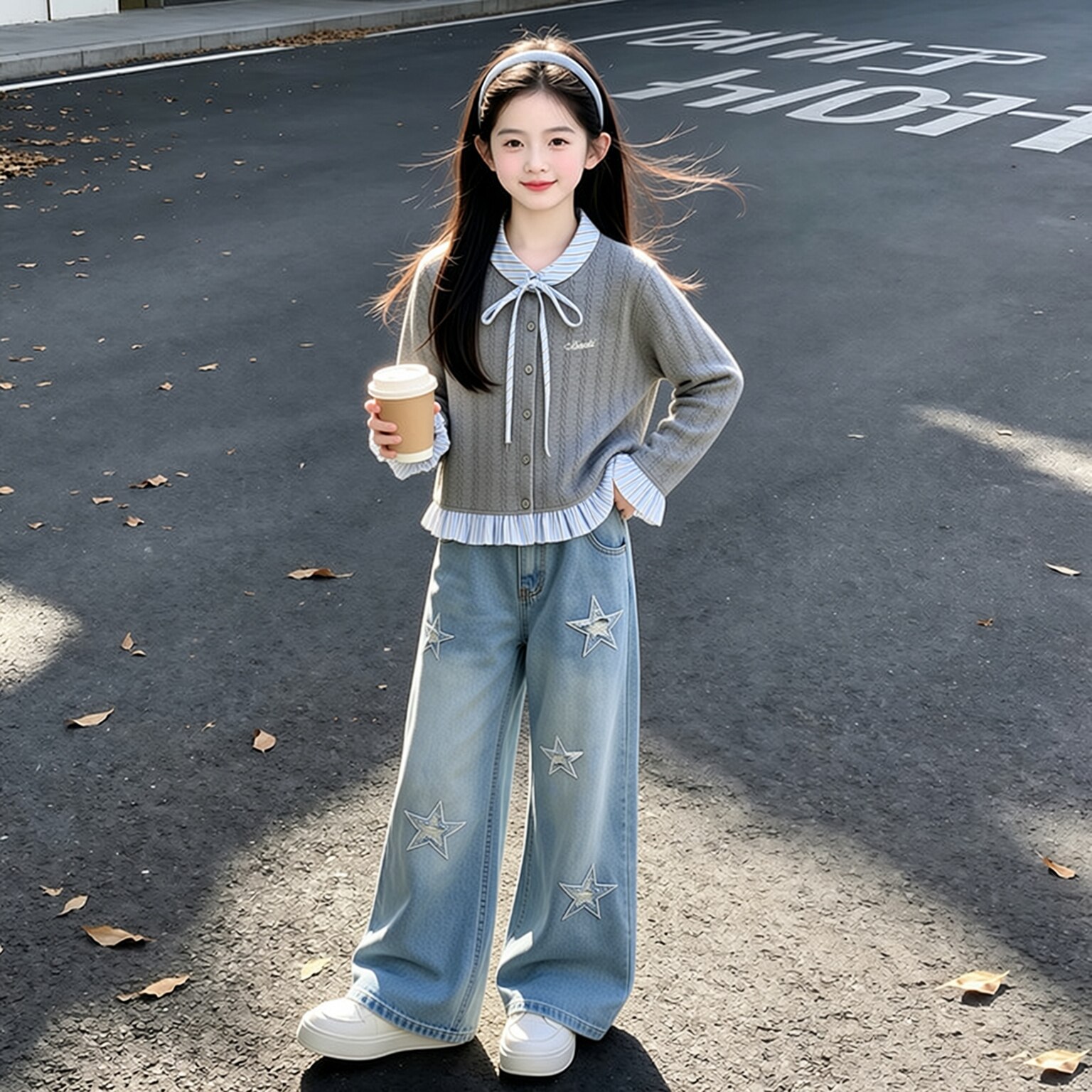 女童套装秋季2026新款洋气儿童休闲中大童针织衫女孩牛仔裤两件套