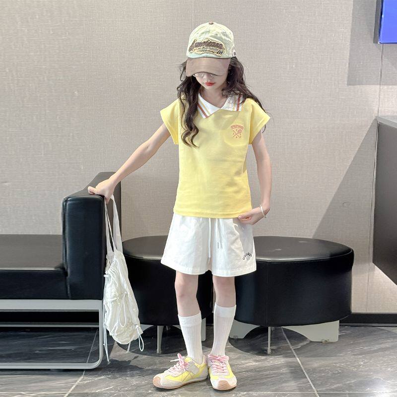 女童学院风套装夏季韩版洋气中大童小女孩POLO衫短裤运动两件套潮