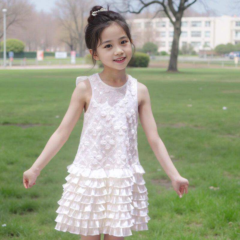 女童无袖连衣裙夏季洋气中大童生日礼服公主裙小女孩蝴蝶结背心裙