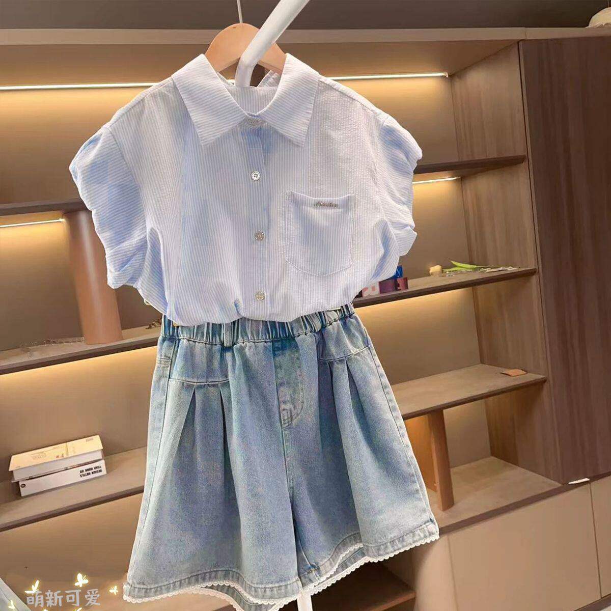 女童学院风套装夏季韩系洋气中大童小女孩条纹衬衫牛仔短裤两件套