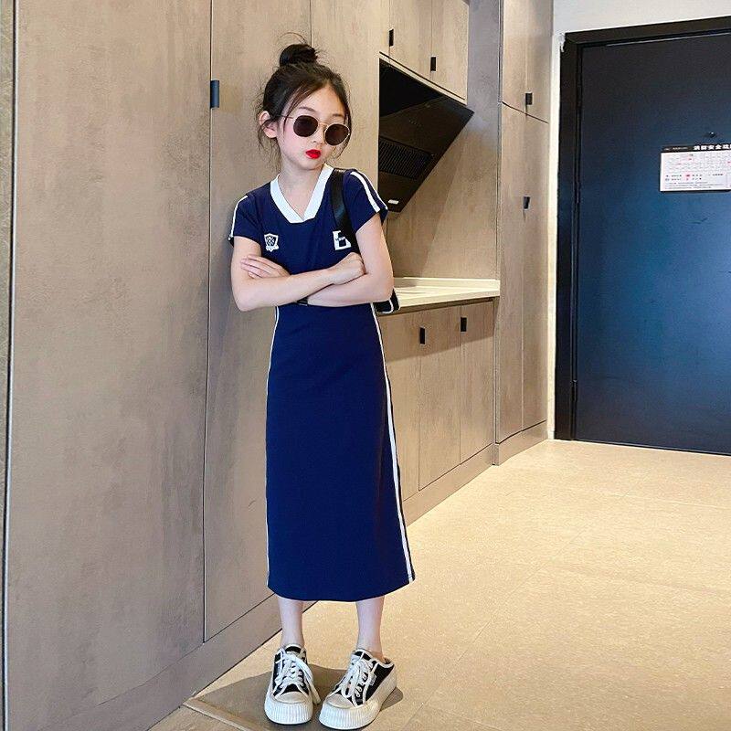 女童连衣裙夏季韩版洋气中大童字母撞色T恤裙小女孩短袖过膝长裙
