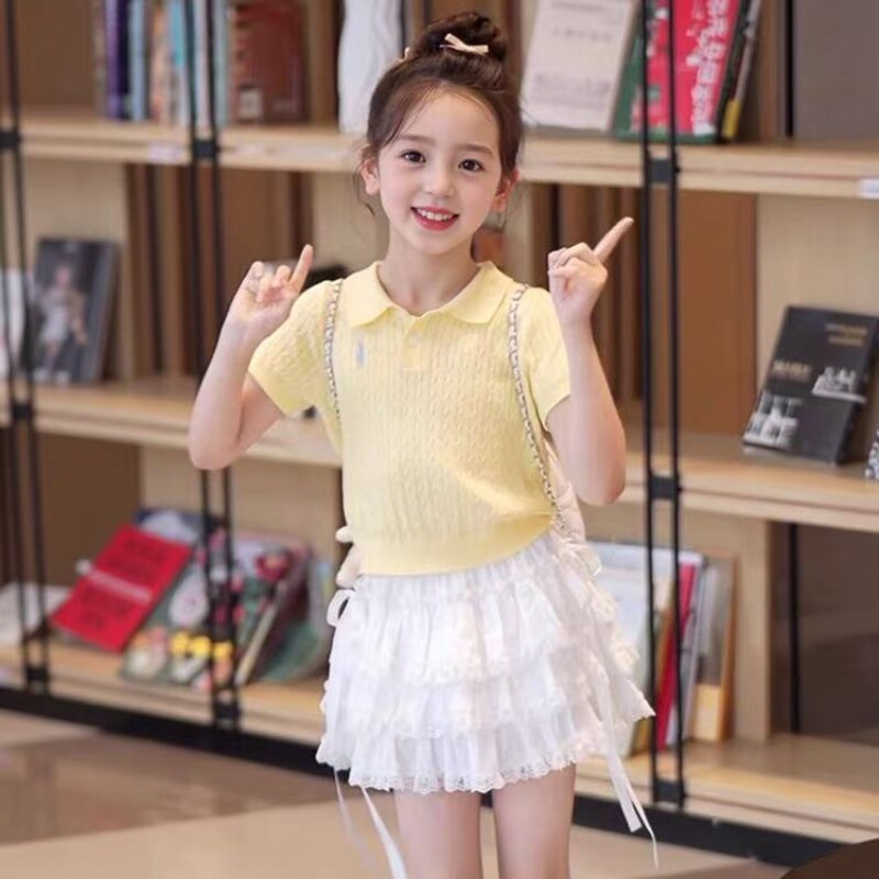 女童甜美套装裙子夏季洋气中大童小女孩短袖针织衫蛋糕裙两件套潮