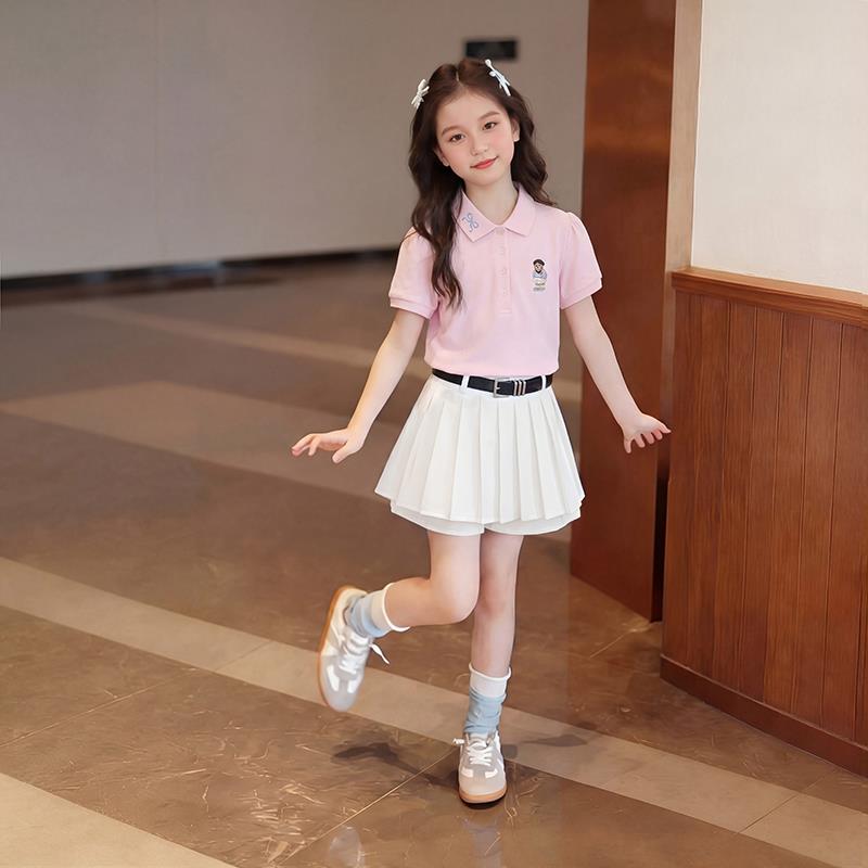女童学院风套装裙子夏季洋气中大童小女孩短袖POLO衫百褶裙两件套