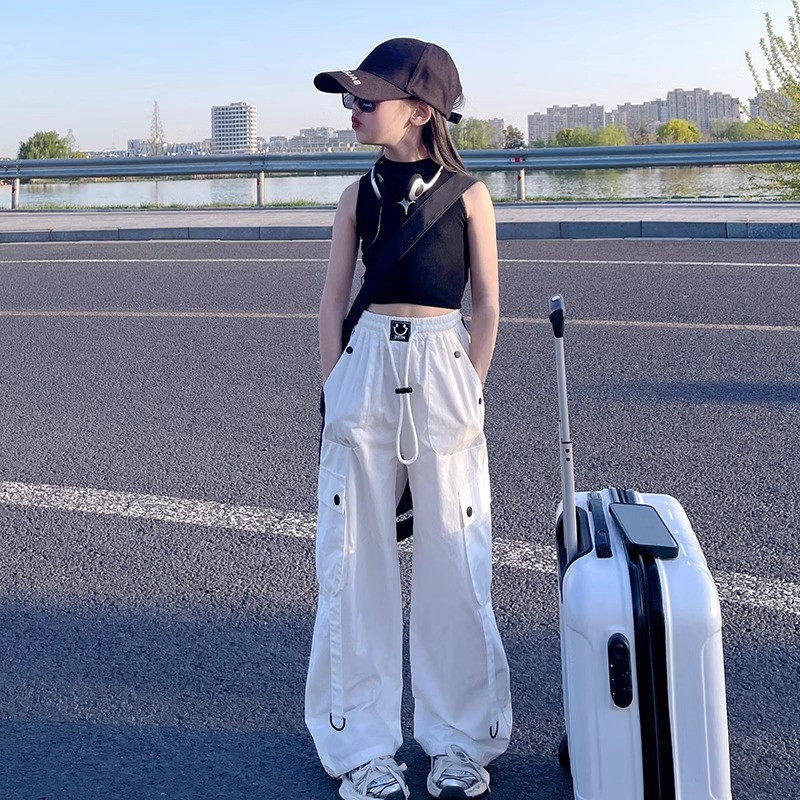 女童工装裤夏季洋气中大童速干美式高腰运动裤女孩嘻哈爵士舞裤子