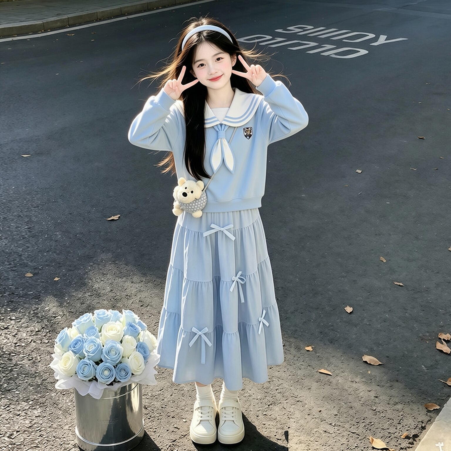 女童2026春秋季学院风穿搭一整套装裙洋气海军领卫衣半身裙两件套