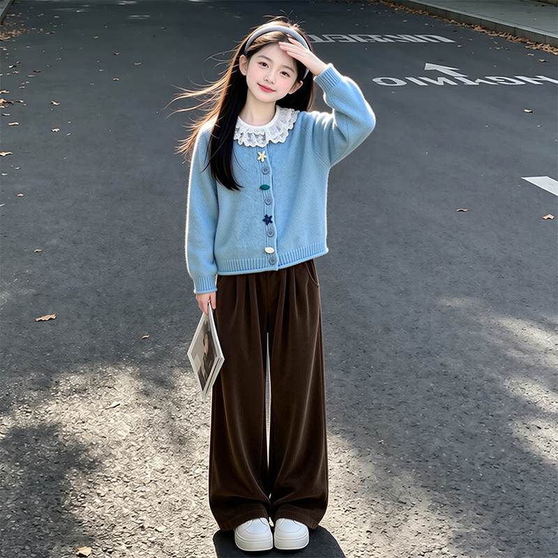 女童秋装休闲套装2026新款韩版洋气女孩春秋毛衣打底阔腿裤三件套