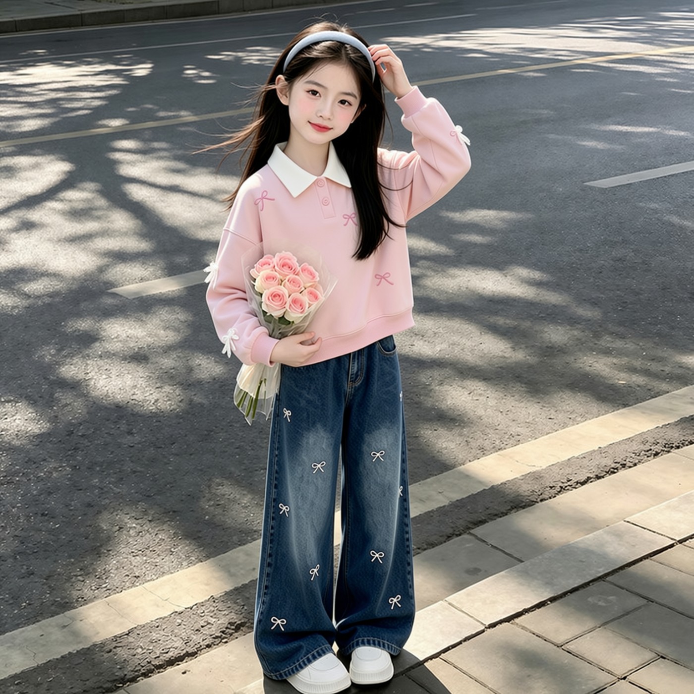 女童春秋洋气卫衣牛仔两件套