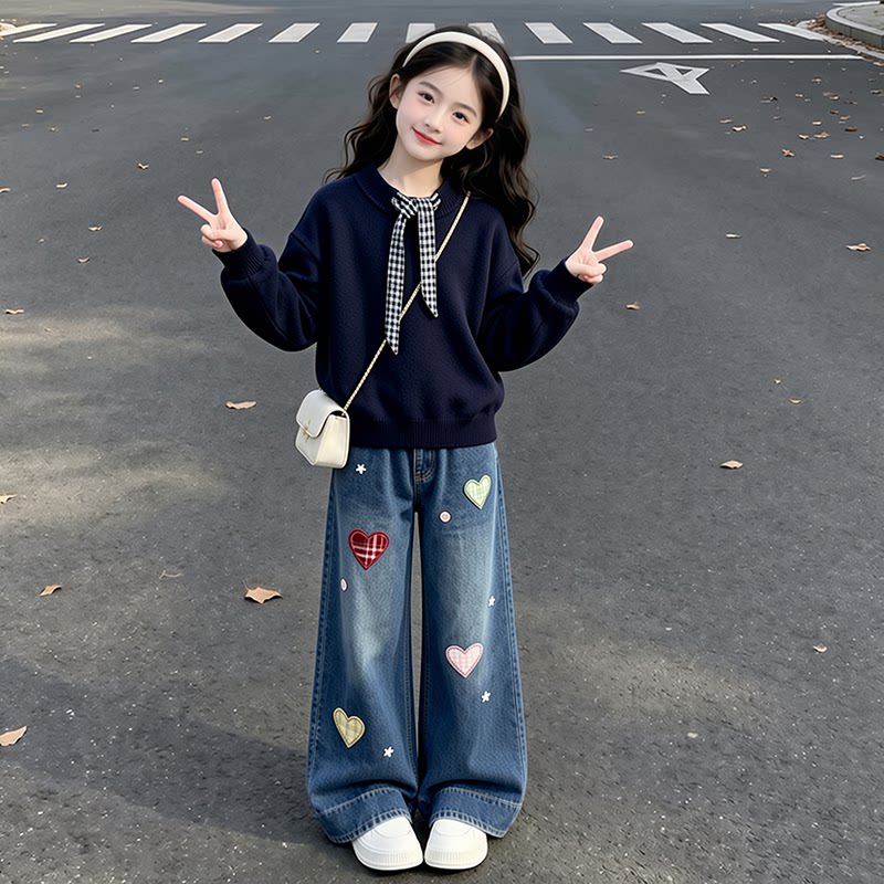女童秋套装2026新款中大童儿童独特好看格纹针织毛衣牛仔裤两件套