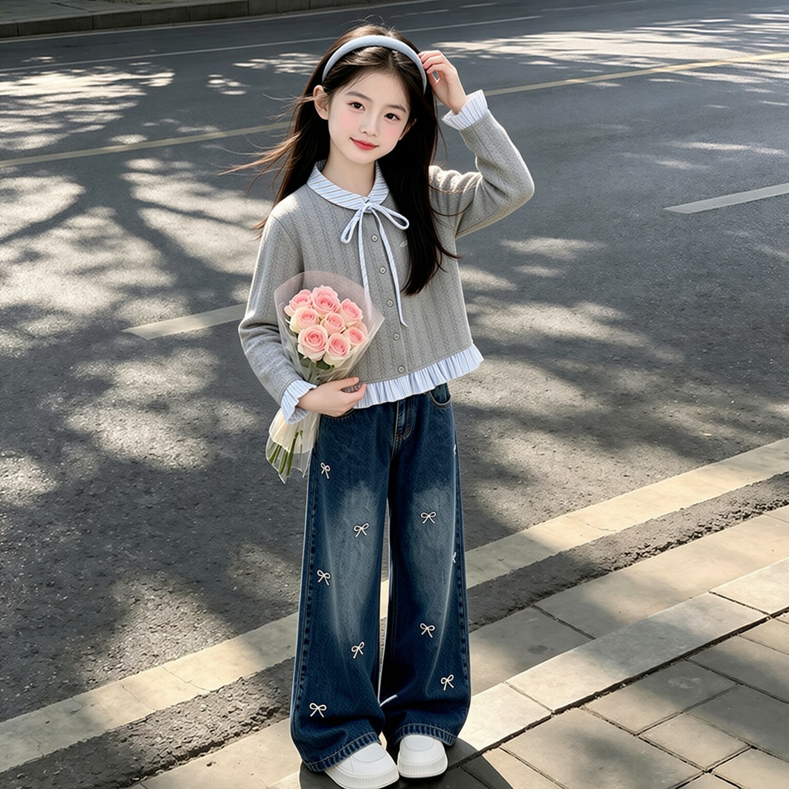 女童套装春装2026新款中大童学院风春秋儿童洋气上衣牛仔裤两件套