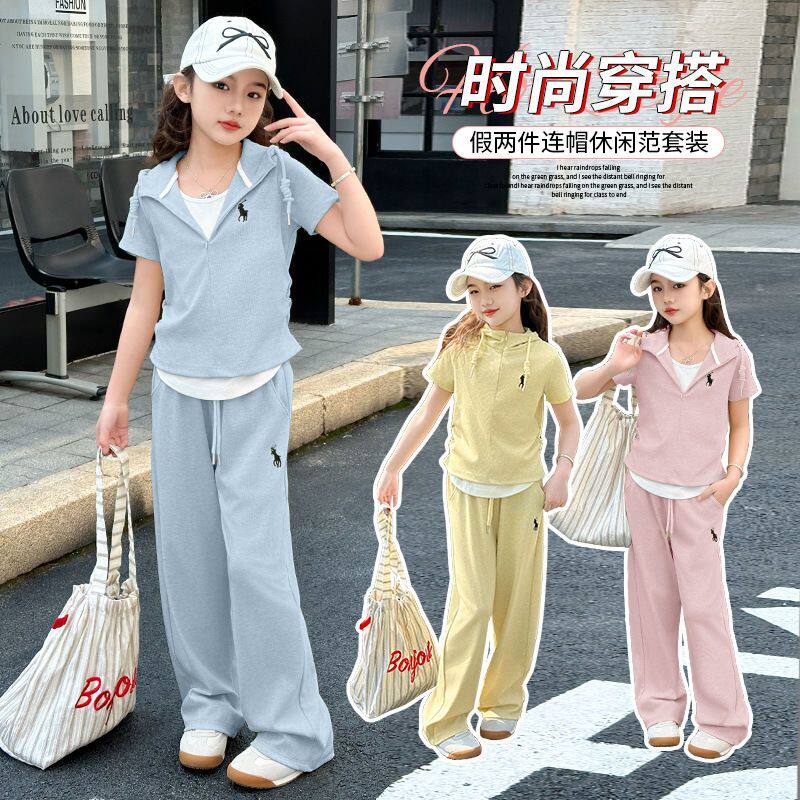 女童假两件连帽T恤套装夏季洋气中大童小女孩休闲运动服两件套潮