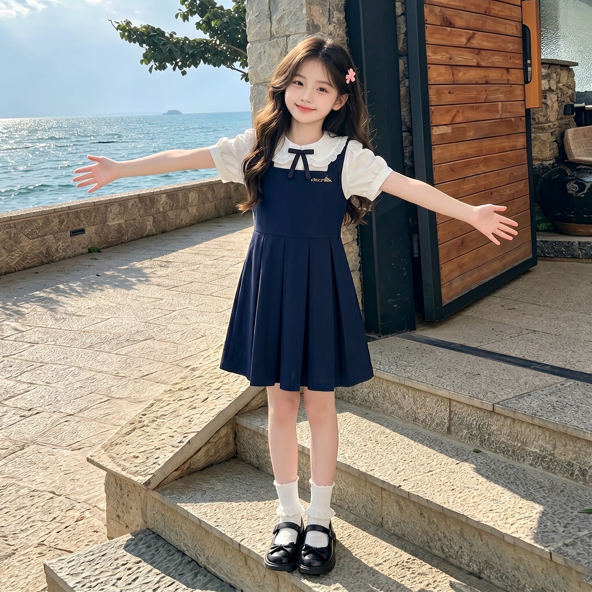 夏季女童学院风蝴蝶结假两件裙