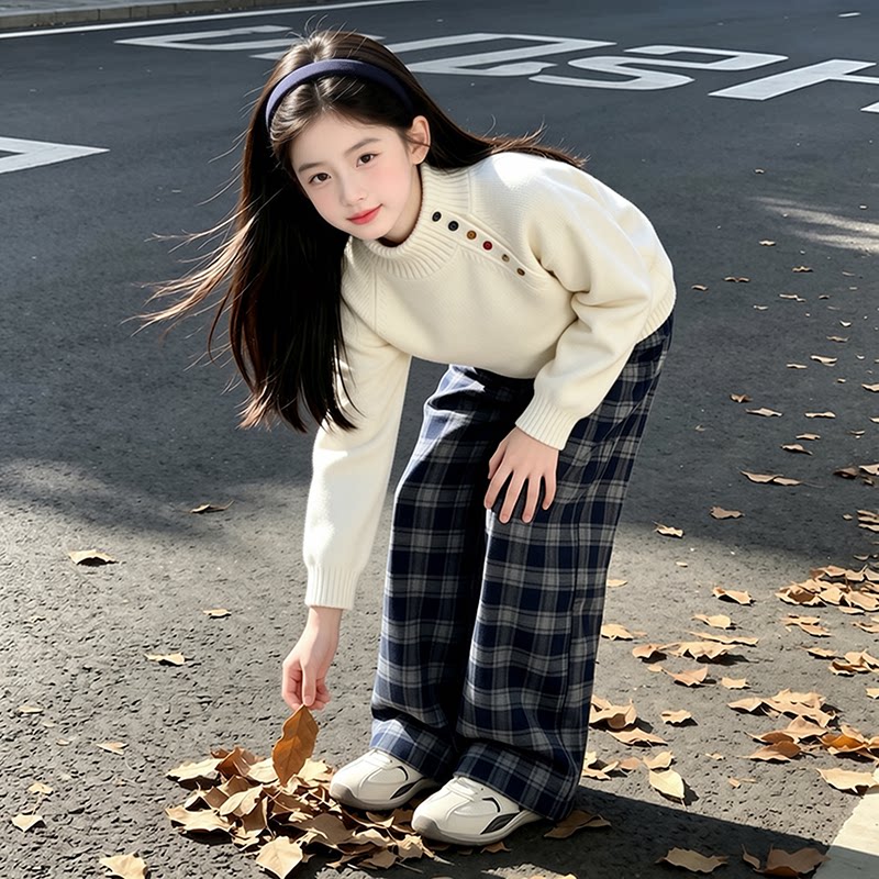 女童秋季毛衣套装2026新款洋气儿童韩系针织穿搭女孩格子裤两件套