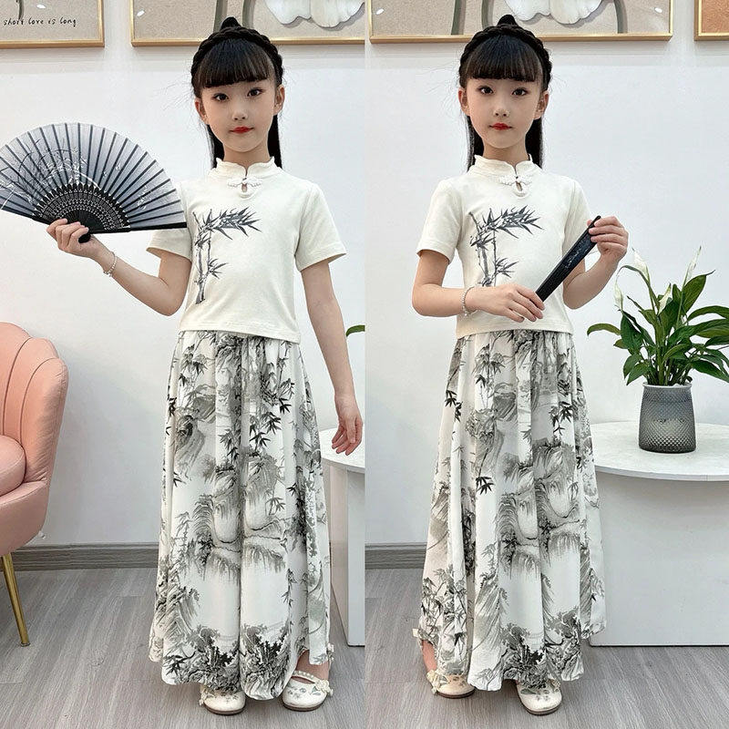 夏季新款女童时尚套装中大童新中式国风纯棉短袖T搭配裙裤两件套