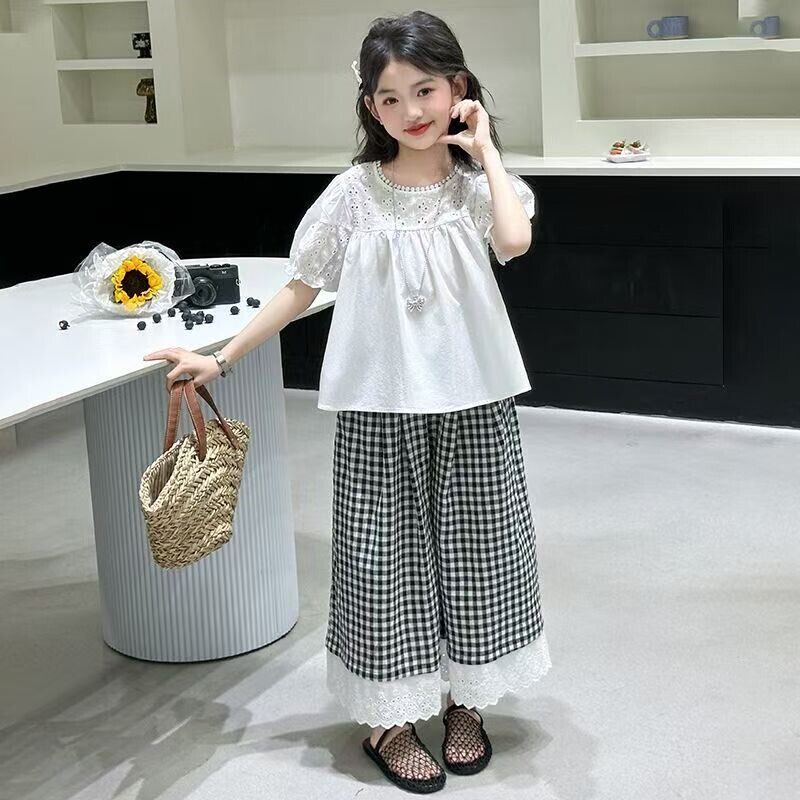 女童韩范简约套装夏季洋气中大童小女孩镂空短袖T恤格子裤两件套