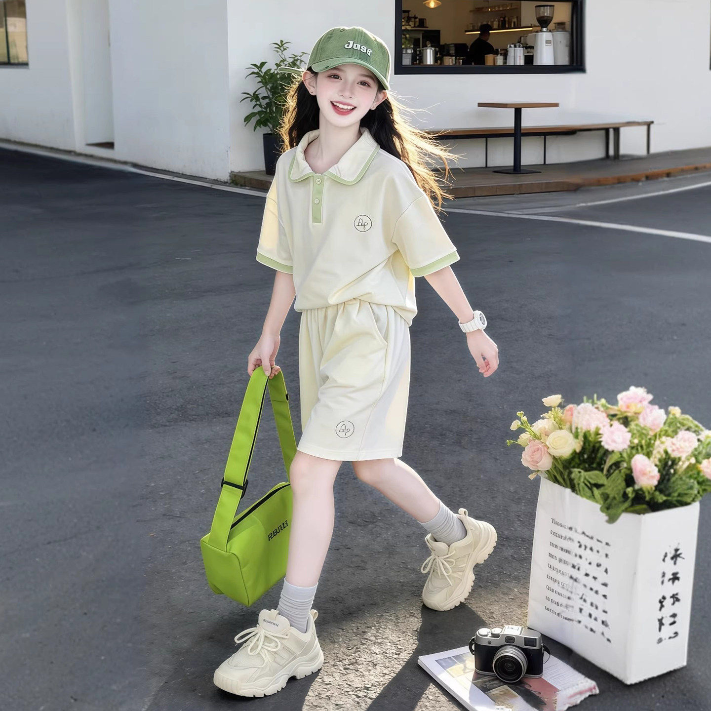 女童短袖T恤套装夏季2026新款儿童洋气女孩时髦POLO衫短裤两件套