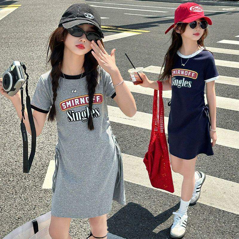 女童连衣裙夏季洋气中大童时髦炸街T恤裙女孩中长款抽绳收腰裙子