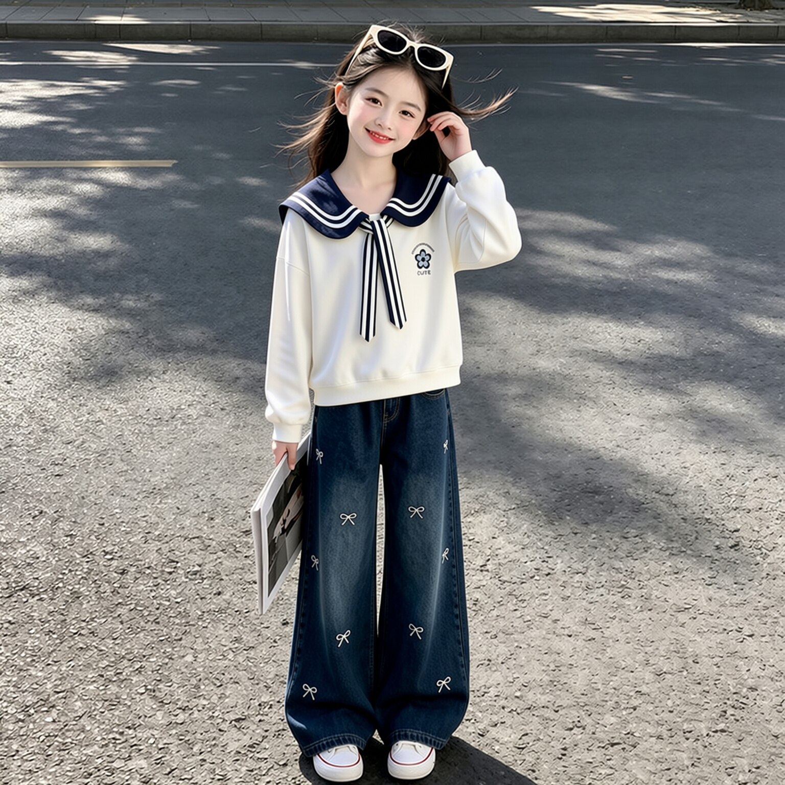 少女早秋卫衣穿搭新款春秋装中大童娃娃领套装牛仔阔腿裤子两件套