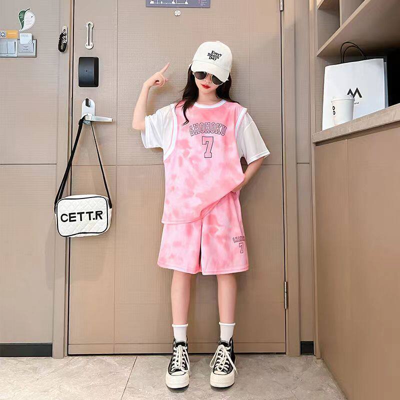 女童速干篮球服套装夏季洋气中大童女孩假两件球衣休闲运动两件套
