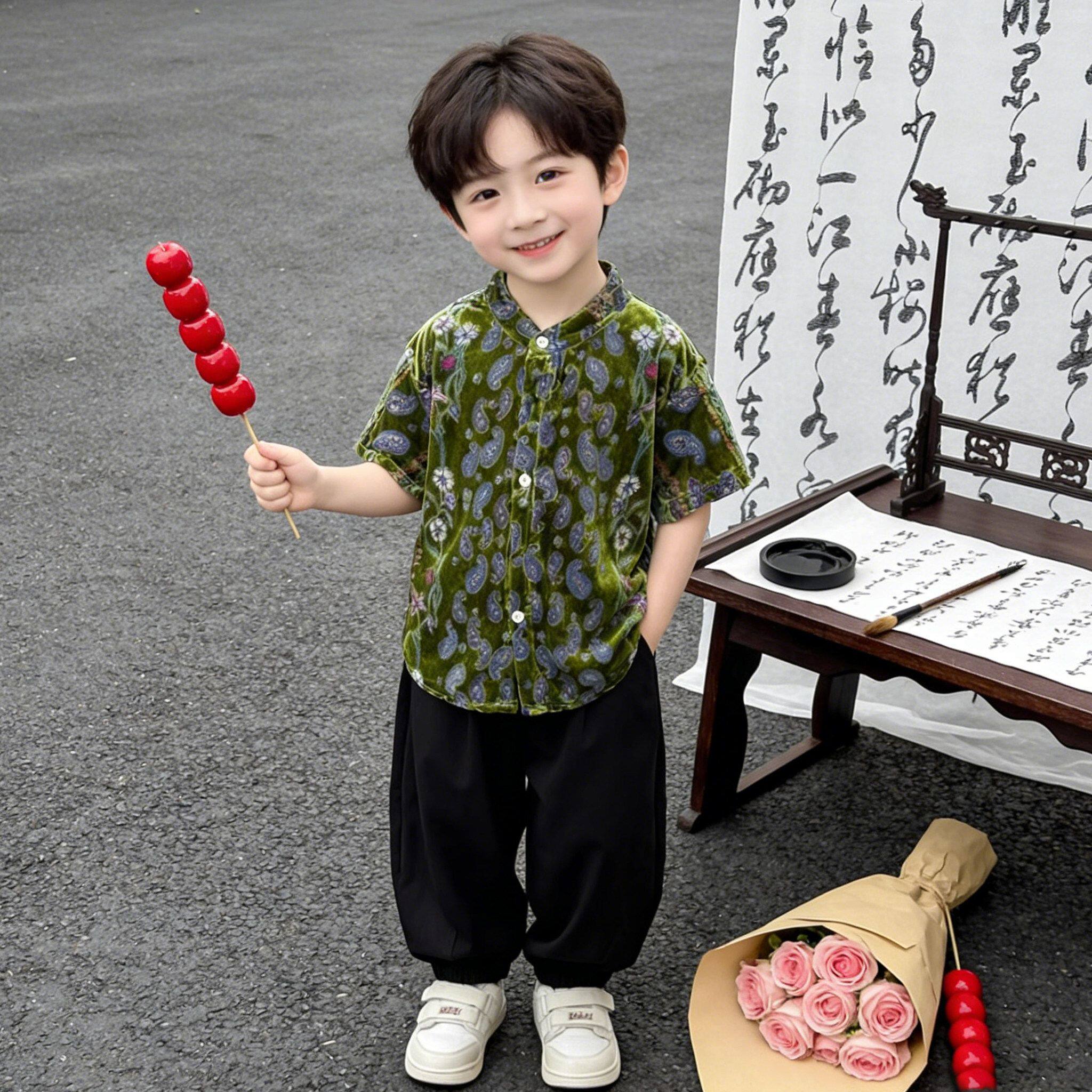 男童新中式碎花衬衫套装2026夏季新款休闲男孩休闲度假痞帅两件套