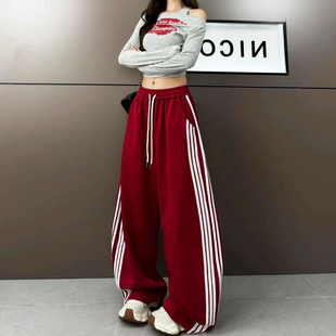 宽松弯刀阔腿裤 美式 直筒休闲卫裤 新款 复古侧边条运动裤 女2026春季