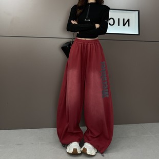 高腰宽松休闲阔腿裤 女2025秋冬新款 复古字母印花加绒运动卫裤 美式