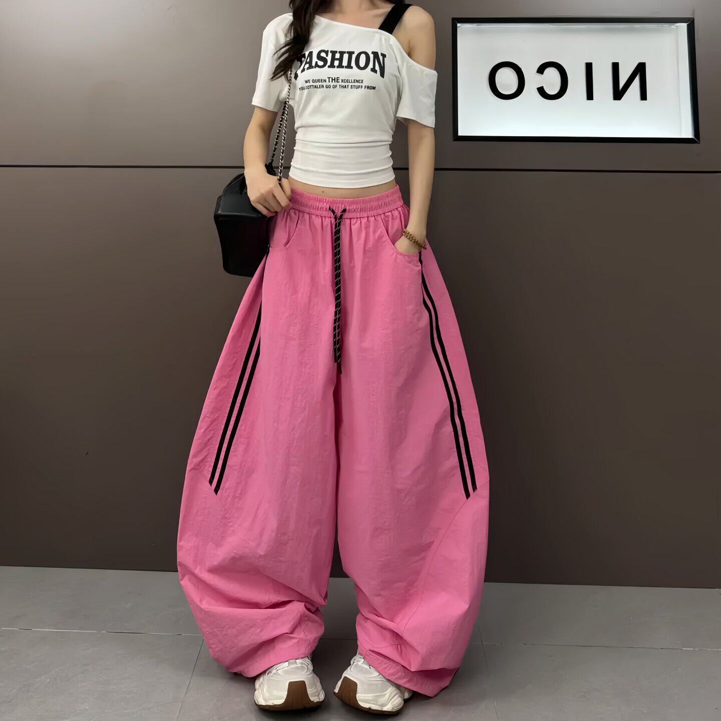 速干工装阔腿裤女2026夏季新款拼接条纹弯刀裤高腰显瘦休闲运动裤