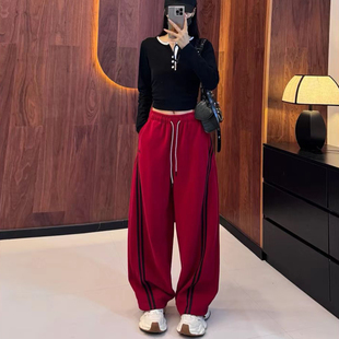 美式条纹运动裤女2026春季新款高腰抽绳休闲卫裤宽松百搭阔腿裤子