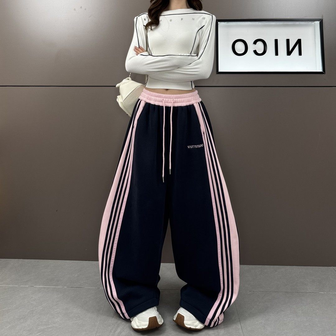 高腰拼色条纹阔腿裤女秋季新款图片