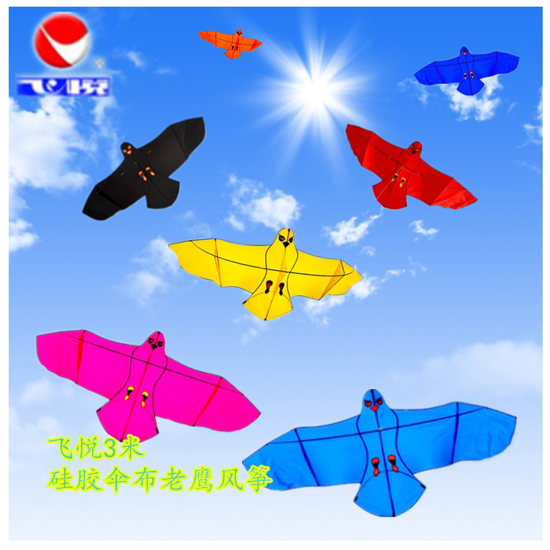 飞悦微风风筝3米硅胶伞布前撑杆彩色黑色老鹰成人凯夫拉3提线