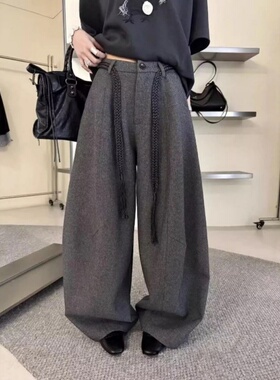 灰色毛呢阔腿裤女25年秋新款大码胖mm宽松显瘦松弛感休闲弯刀裤子