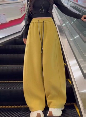 美式黄色弯刀裤子女春秋2026年加绒加厚运动卫裤宽松阔腿香蕉裤子