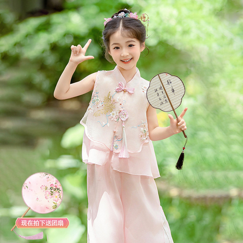 汉服女童无袖古风套装夏2026新款儿童国风马甲两件套宝宝中式衣服