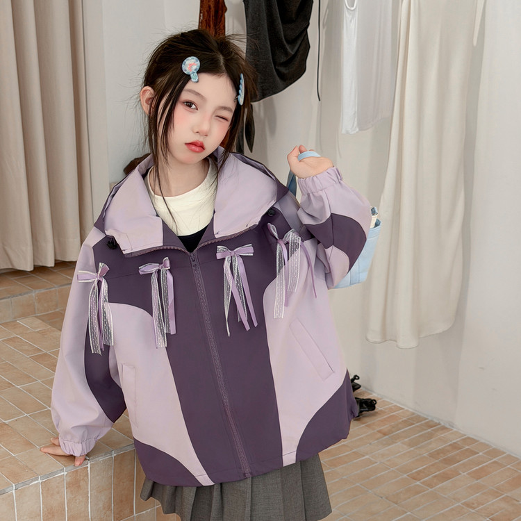 女大童韩系连帽拼色户外冲锋衣