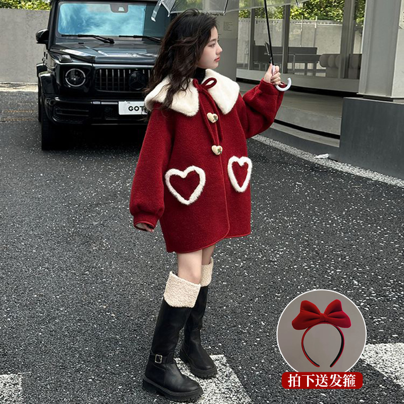 女童加绒外套秋冬款儿童冬季加厚红色呢子大衣女孩过新年拜年衣服