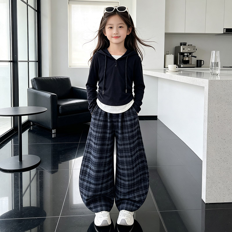 女童秋季连帽格子阔腿裤套装