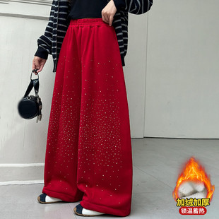 女童加绒加厚裤子冬装女大童红色本命年马年阔腿裤女孩冬天休闲裤