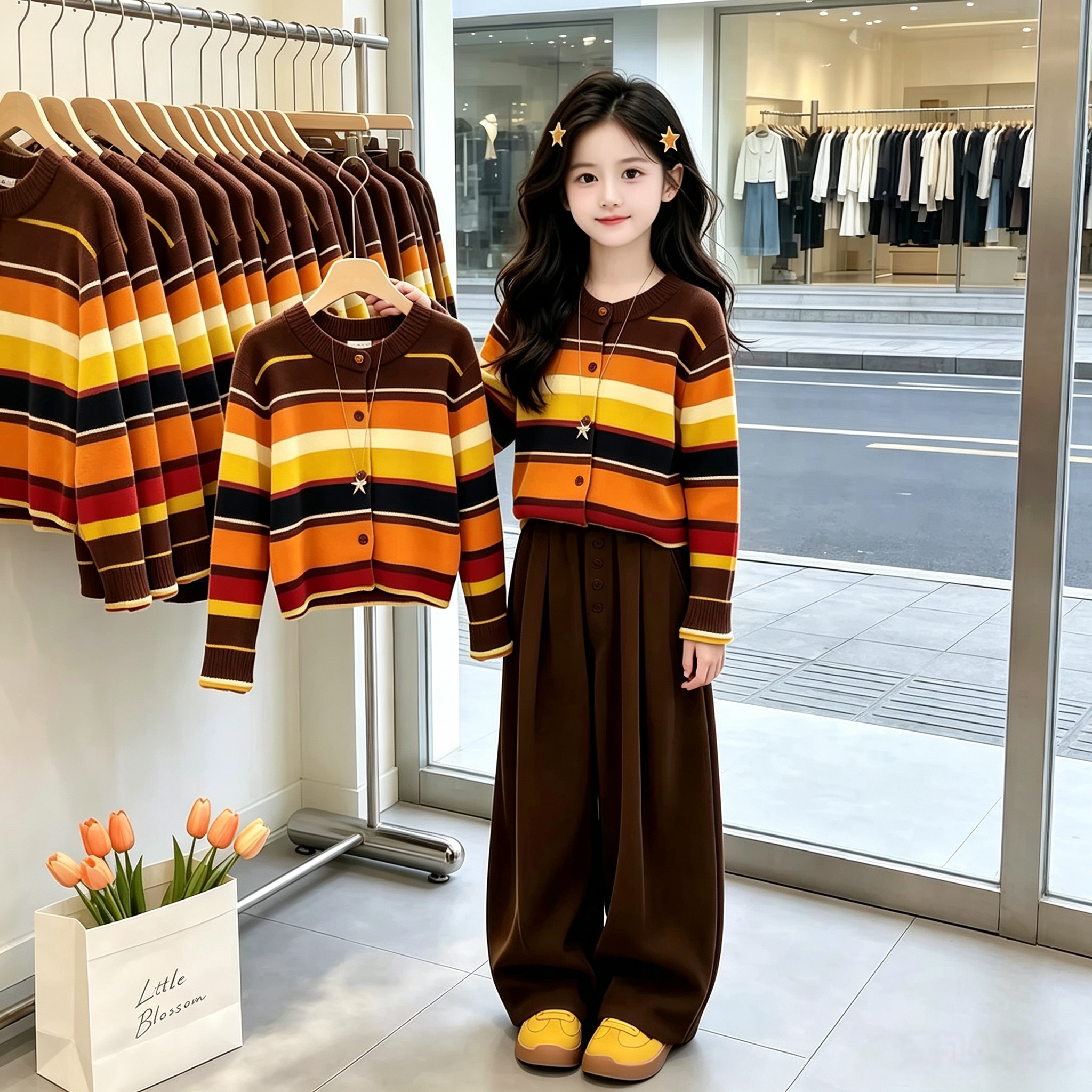 女童秋装条纹毛衣阔腿裤两件套
