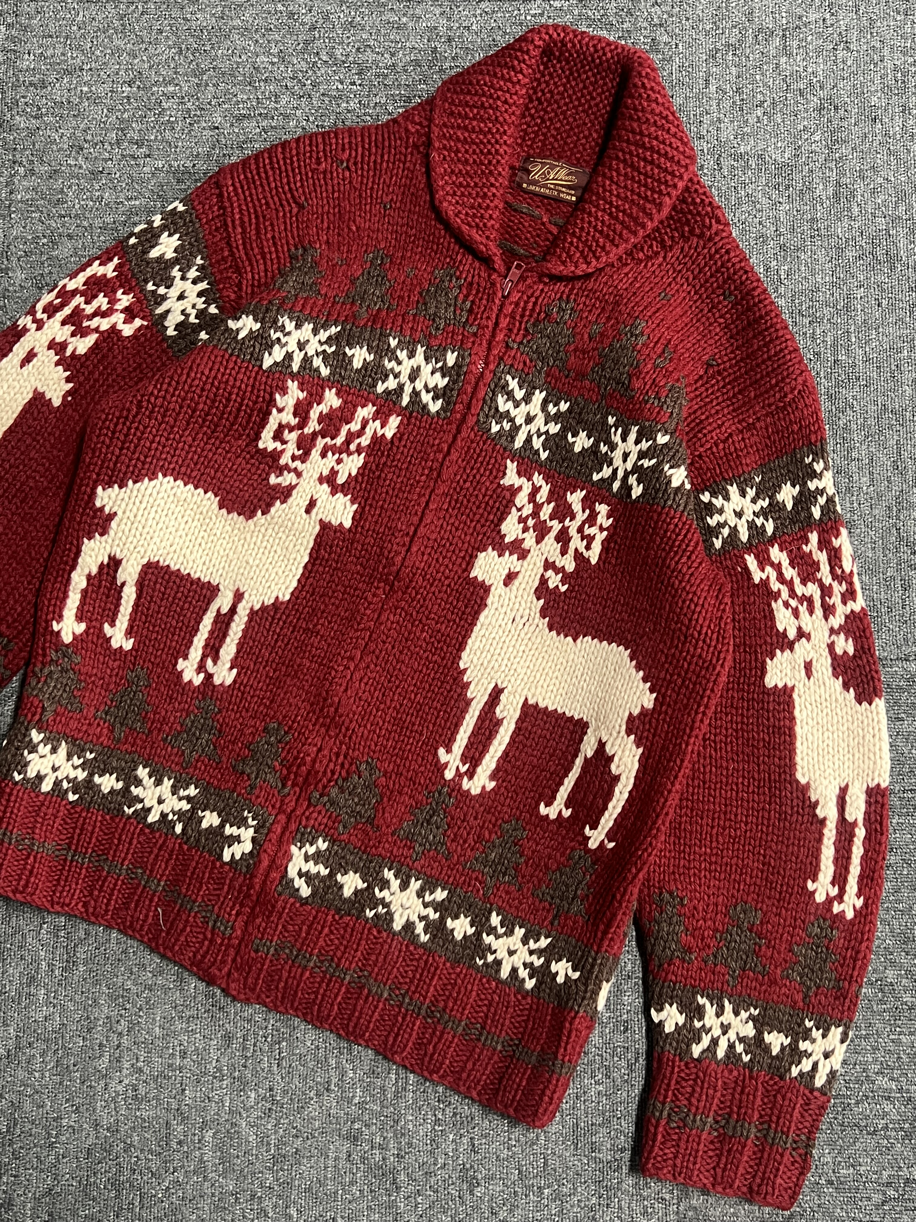 古着vintage手工羊毛红色新年复古圣诞编织麋鹿拉链毛衣外套