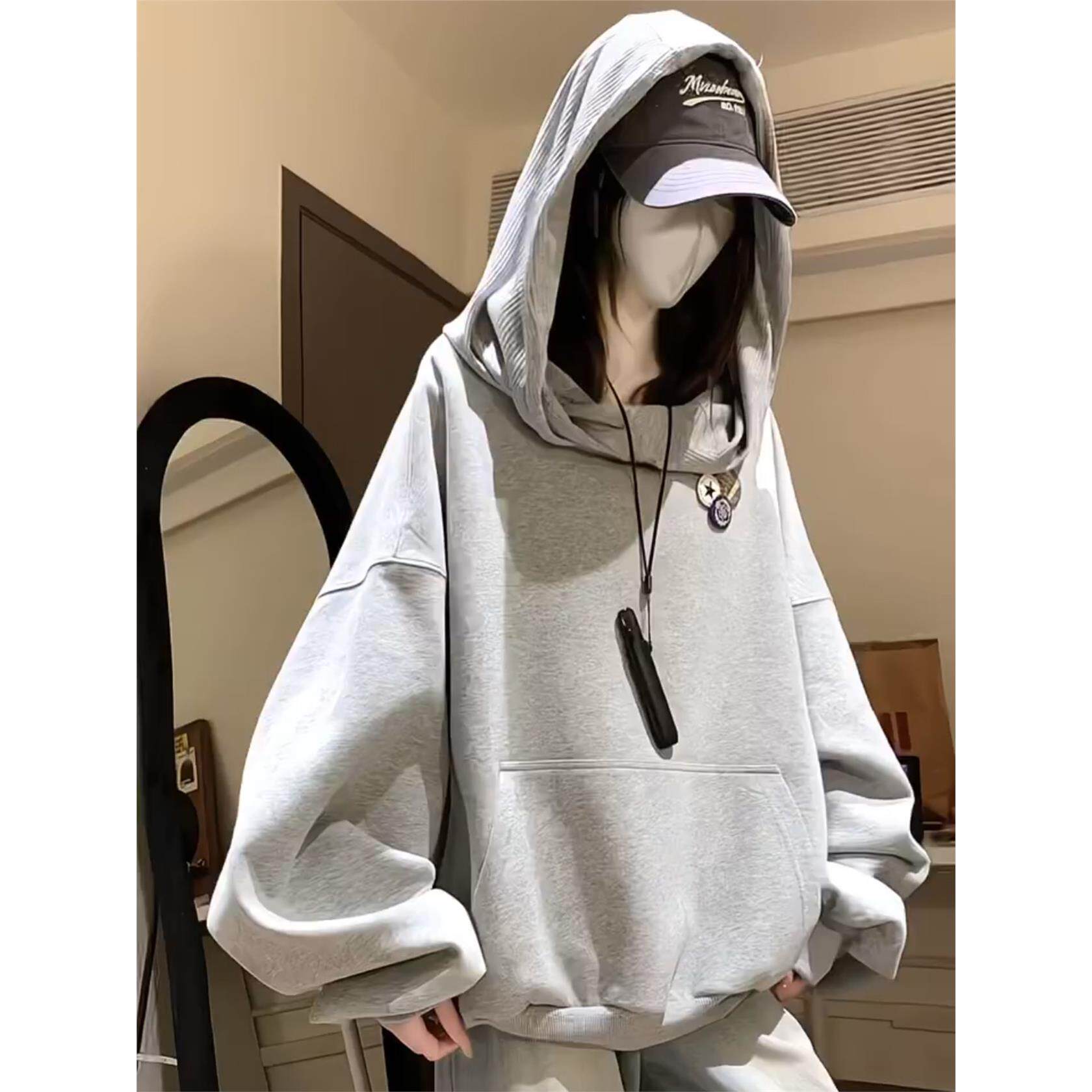 灰色斜肩一字领卫衣女秋