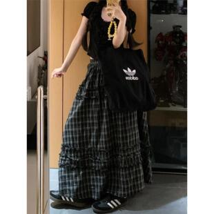 黑白格子半身裙女秋季 胖妹妹mm高腰遮胯显瘦蛋糕a字大摆裙子 新款